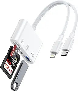 SD Card Reader for iPhone, iPad, Memory SD Card Reader USB C&Lightning Port