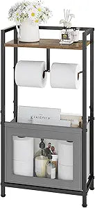 Toilet Paper Holder Free Standing with Storage Basket, Bathroom Tissue Holder Stand with Top Wood Shelf for Phones, Wet Wipes, Small Plants, Metal Toilet Paper Rack for Bathroom Organizer, Black