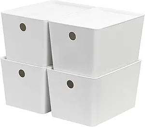 Soddeph 4 Pack Thick Plastic Storage Box with Lid, Durable Stackable Storage Bins, Hard Plastic Organizer Baskets for Home Office,Storage Containers 10.1" x 7" x 5.8" (White with Lid)