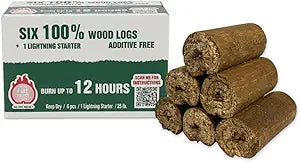 Home Fire Prest Logs - Long Lasting Fire Logs - Includes Six 100% Wood Fire Logs with One Lighting Starter for Indoor Fireplace - Made in The USA