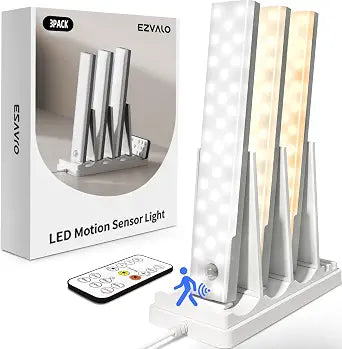 EZVALO 3-Pack Under Cabinet Lighting with Charging Station, 1800mAh Rechargeable Wireless Motion Sensor Lights, 3 Color Temps, Dimmable, Timer, Magnetic, with Remote Control for Kitchen, Closet