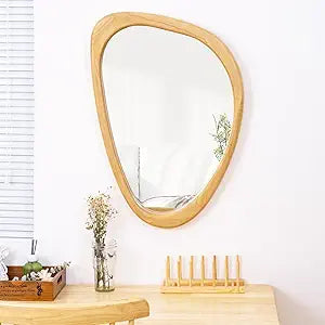 Irregular Wall Mirror, 20 x 30in Wooden Frame Asymmetrical Mirror, Large Home Decor Wall Mirrors, Hanging Vertically and Horizontally, for Bathroom, Living Room, Entryway (Natural Colour)