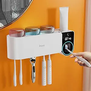iHave Toothbrush Holder with Touchless Toothpaste Dispenser & UV Toothbrush Sanitizer for Bathrooms | 6-Slot Wall Mounted Organizer with Auto-Cycle Disinfection for Toothbrushes, Razor & 3 Cups