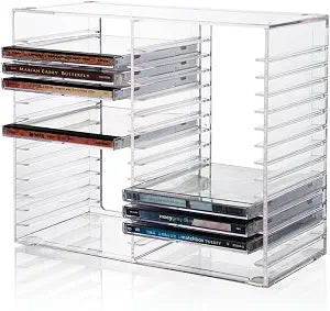 STORi Stackable Clear Plastic CD Organizer with Rubber Feet | Rectangular Jewel Cases Holder Perfect for Theatre Room | Holds up to 30 CD Cases | Made in USA
