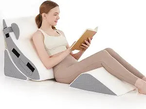 Orthopedic Bed Wedge Pillow Set for Sleeping 4 PCS - Adjustable Triangle Pillow for Neck Leg Support with Washable Cover - 35D Foam Wedge Pillow Post Surgery for GERD & Snoring (White Grey)