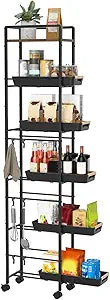 6 Tier Slim Storage Cart with Pull-Out Baskets Rolling Cart with Wheels Wood Top Narrow Utility Cart Metal Shelving Units for Pantry Laundry Room Bathroom Kitchen Black 8in(W)