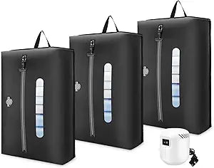 3PCS Vacuum Bags for Travel With Pump, 21L Reusable Vacuum Compression Bags with Waterproof Zipper, IP68 Waterproof Airless Travel Bags Save Space for Storage, Luggage, Backpack & Suitcase, Black