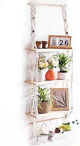 TENEWEE Wall Hanging Shelves Macrame Boho Floating Plant Photos Storage Rack Wood Shelf with Hooks for Bedroom Living Room Bathroom (3tier Shelves)