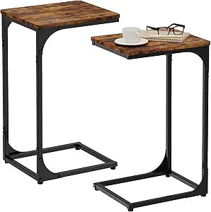 Narrow C Shaped End Tables Living Room TV Trays Set of 2, Small Thin Farmhouse Side Table Skinny Slide Under Couch Tray Tables for Sofa Bedroom Small Space 11.8 inch Width, Rustic Brown