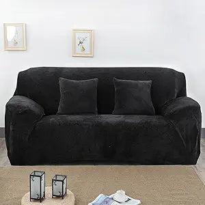 vctops 4 Seater Velvet Plush Stretch Sofa Slipcover 1-Piece Sofa Cover with Elastic Bottom Soft Fuzzy Fluffy Furniture Protector Couch for Kids, Pet (Black,4 Seater Sofa)