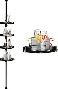akinbas Shower Caddy Tension Pole with 4 Lazy Susan Organizer 360 Rotating 35-128 Inch No Drilling Floor Standing Shelves Adjustable Shower Rack for Bathroom Corner (Black)