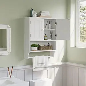 Smuxee White Bathroom Cabinet Wall Mounted with Towels Bar, Bathroom Medicine Cabinet with 2 Door Adjustable Shelves, Over Toilet Cabinet for Bathroom Laundry Room Kitchen
