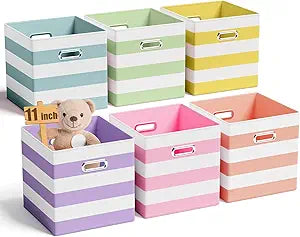CroBlissful 6 Pcs 11 Inch Fabric Storage Cubes with Metal Handle Macaron Colored Striped Style Collapsible Bins Organizer for Books Kids Room Closet Toys School Nursery Gift