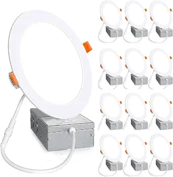 12 Pack 6 Inch 6000K Daylight Ultra-Thin LED Recessed Ceiling Light with Junction Box, 1080LM Brightness, LED Light Canless Wafer Downlight 12W 110W Eqv Can-Killer Downlight.
