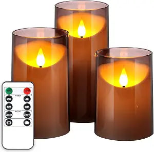NURADA Flameless Candles with Remote Timer: 3D Wick Battery Operated Led Pillar Unbreakable Acrylic Fake Candle Set for Home Decoration Romantic Ambiance - Grey 3 Pack