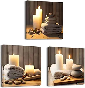 LZIMU Zen Canvas Wall Art 3 Panels Stone Candle and Bath Towel Picture Prints for SPA Meditation Room Bathroom Decor Framed (Zen-1, 12"x12"x3P)