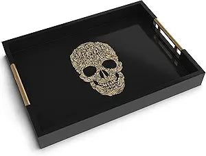 Gothic Skull Serving Tray with Gold Handles  Black Gloss Wooden Ottoman Tray for Coffee Table, Bar, or Kitchen  Elegant Gothic Decor & Unique Gift for Halloween, Horror & Alternative Style Lovers