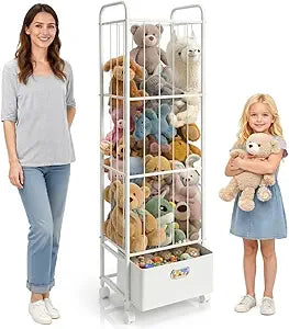 Stuffed Animal Storage, Metal Stuff Animals Zoo Holder with Fabric Drawer and Wheels Tall Vertical Plushies Toy Organizer Plush Storage Cage with Elastic Band for Nursery Playroom Corner