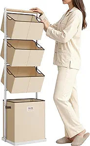 SOLEDI 4 Section Laundry Hamper Sorter, Stackable Laundry Basket Organizer with Removable Basket, 125L 4-Tier Vertical Laundry Sorter for Small Space, Laundry Room, Dorm, Bathroom, Wardrobe Beige