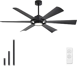 ELEHINSER 60" Ceiling Fan with Lights - 6 ABS Plastic Blades, 3 Downrods, 6-Speed Reversible DC Motor, 3CCT, Windmill Ceiling Fan for Kitchen Bedroom Living Room, Matte Black