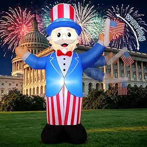 COMIN 7.2 FT 4th of July Patriotic Inflatable Decorations, Uncle Sam Waving Flag Blow Up Yard Decor with Built-in LED Lights for Independence Day Outdoor Lawn Garden Party
