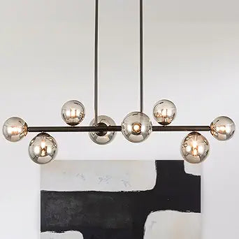 Jonsi Dining Room Light Fixture Over Table, Mid Century Chandeliers, Modern 8 Lights Smoke Grey Globe Glass Linear Chandelier Adjustable Ceiling Hanging for Living Dining Room Kitchen Island, Black