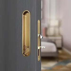 Privacy Pocket Door Lock Hardware,Recessed Sliding Door Handle with Lock,Hidden Door Lock with Door Edge Pull Fit for 1-3/8" to 1 3/4" The Thickness of Wooden Door (Gold)