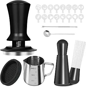 Spring-Loaded Espresso Tamper Set - 6-in-1 Barista Tools with Milk Pitcher, Latte Art Pen/Stencils, Stirring Spoon & Tamper Mat for Home Coffee Lovers (58mm-7set)