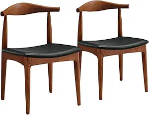 Ytaoka Solid Wood Dining Chairs Set of 2, Mid Century Dining Chairs, Upholstered PU Leather Chairs with Wide Curved Backrest, Chairs for Dining Room, Kitchen, Walnut Finish