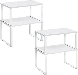 SONGMICS Cabinet Organizer Shelf, Set of 4 Kitchen Counter Shelves, Kitchen Storage, Spice Rack, Stackable, Expandable, Metal and Engineered Wood, Cloud White and Snow White UKCS027W01