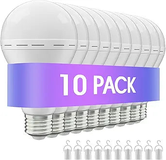 Rechargeable Emergency Led Light Bulb with Hook,Stay Lights Up When Power Failure, 1500mAh 12W 60W Equivalent LED Light Bulbs for Home, Camping, Hiking, 10 Pack