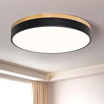 Modern Wood Black Flush Mount Ceiling Light, 15.74" Round LED Low Profile Close to Ceiling Fixture for Kitchen Bedroom Bathroom Laundry Hallway Entryway Closet Living Room