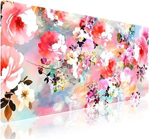 Romantic Watercolor Floral Large Mouse Pad, Pink Flowers Painting Desk Mat