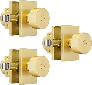Gold Door Knobs Interior Privacy, Zinc-Alloy Interior Door Knobs, Heavy Duty Brushed Gold Door Knob for Bedroom, Bathroom, 3 Pack