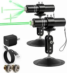 2 Pack Three-Head Green Laser Level with 2M Charger | 520nm Cross/Linear Laser Generator | Rechargeable Alignment Tool for Woodworking, Construction & Fabric Cutting (Base & AC/DC Adapter)