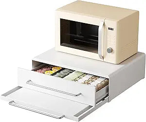 DTK Microwave Stand with Pull-Out Drawer & Tray, Kitchen Storage Drawers Countertop for Compact Microwave, Coffee Station & Kitchen Appliance, Microwave Riser with Storage, White(Stand+Drawer+Tray)