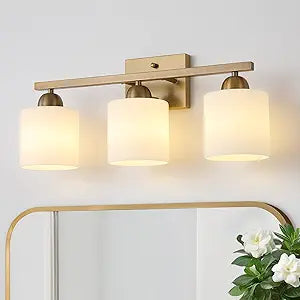 Mecgirn Milk Glass Vanity Lights for Bathroom, 3 Light Brass Bathroom Light Fixtures Over Mirror, Ceramic E26 Sockets Wall Mounted