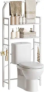 YATINEY 2-Tier Over The Toilet Storage, Multifunctional Vertical Over Toilet Bathroom Organizer, Freestanding Bathroom Storage Shelves with Hooks, Bathroom Organizer, Rustic Brown and Black TR01WT
