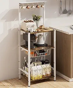 4 Tier Coffee Bar Station, Corner Bakers Rack with 5 Hooks & Wire Basket, Coffee Maker Stand for Small Space, Kitchen Stand for Entryway, Living Room, Caf, White, 16.5"x13"x47.8"