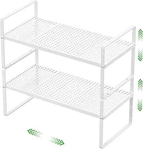 Expandable Cabinet Storage Shelf Stackable Organizer Rack for Kitchen Bathroom Pantry Spice Cupboard Coffee Countertop Home Office Desk Heavy Duty Nonslip White Small 2 Packs