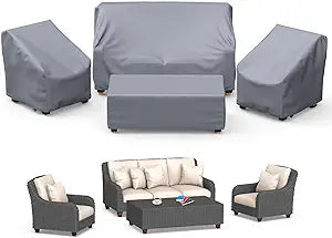 Mrrihand Patio Furniture Covers - 4 Piece Outdoor Furniture Set with Waterproof Sofa, Chair, Coffee Table Covers - Windproof Buckle Strap and Adjustable Drawstring - Grey