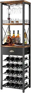 Homeiju Wine Rack Freestanding Floor, Bar Cabinet for Liquor and Glasses, 4-Tier bar Cabinet with Tabletop, Glass Holder, Storage Drawer and Wine Storage for Living Room (Patent No.D29872845)