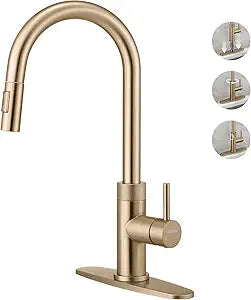 Brushed Gold Kitchen Faucet with Pull Down Sprayer, Patented Above-Counter Install, Modern Single Handle High Arc Stainless Steel Sink Faucet with Deck Plate for 1 or 3 Hole Sinks