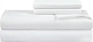 ROYALE LINENS 300 Thread Count 100% Long Staple Combed Cotton Stripe Sheet Set - 4 Piece Full Bed Sheets - 1 Fitted, 1 Flat, 2 Pillow Cases -Soft Cool & Crisp Sheet Set (Full, Narrow Stripe White)