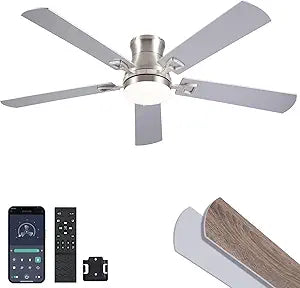 KNUN Ceiling Fan with Lights,52 Inch Low Profile Ceiling Fan with Light and Remote Control,Flush Mount,6 Speeds DC Reversible Motor, 3CCT Dimmable, Noiseless Nickel Ceiling Fan for Living Room,Bedroom