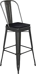 Flash Furniture Kai Commercial 30" High Indoor-Outdoor Bar Height Stool - Black Galvanized Steel Frame - Black Square All-Weather Poly Resin Seat - Removable Back