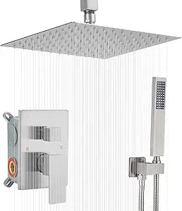 Shower System Brushed Nickel Bathroom 10 Inch Rain Shower Head Ceiling Mount with Handheld Luxury High Pressure Shower Combo Set Shower Faucet Rough-in Valve Body and Trim Kit