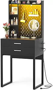 Besiost Small Vanity Desk with Hutch and Drawers, Black Makeup Vanity Desk with Charging Station, Vanity Table Dressing Table with LED Lights, Vanity Desk No Mirror with Pegboard for Girls Women, 24"