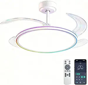 BAYSQUIRREL Retractable Ceiling Fan with Lights - 42" Smart RGB Ceiling Fan, 3-Color Dimmable Full Spectrum, 6 Speeds Reversible, APP & Remote Control, Modern Low Profile Ceiling Fan for Bedroom
