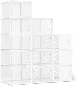 Amazon Basics Stackable and Foldable Clear Shoe Storage Organizer Box, Large, 12-Pack